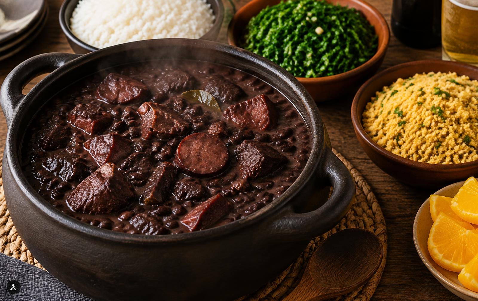Feijoada em panela de barro com arroz, couve, farofa e laranja